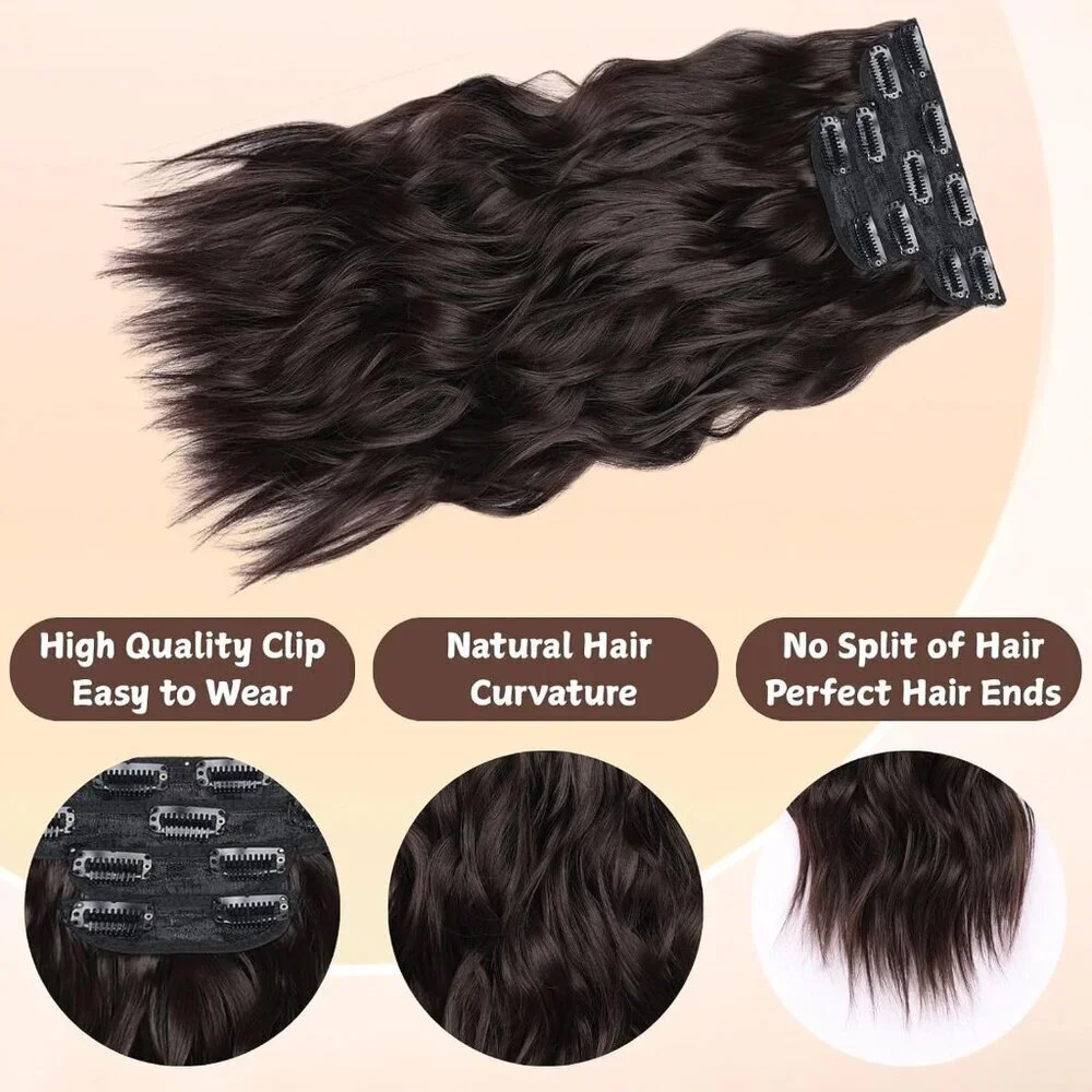 4Pcs Dark Brown Long Wavy Synthetic Clip In Hair Extensions for Women